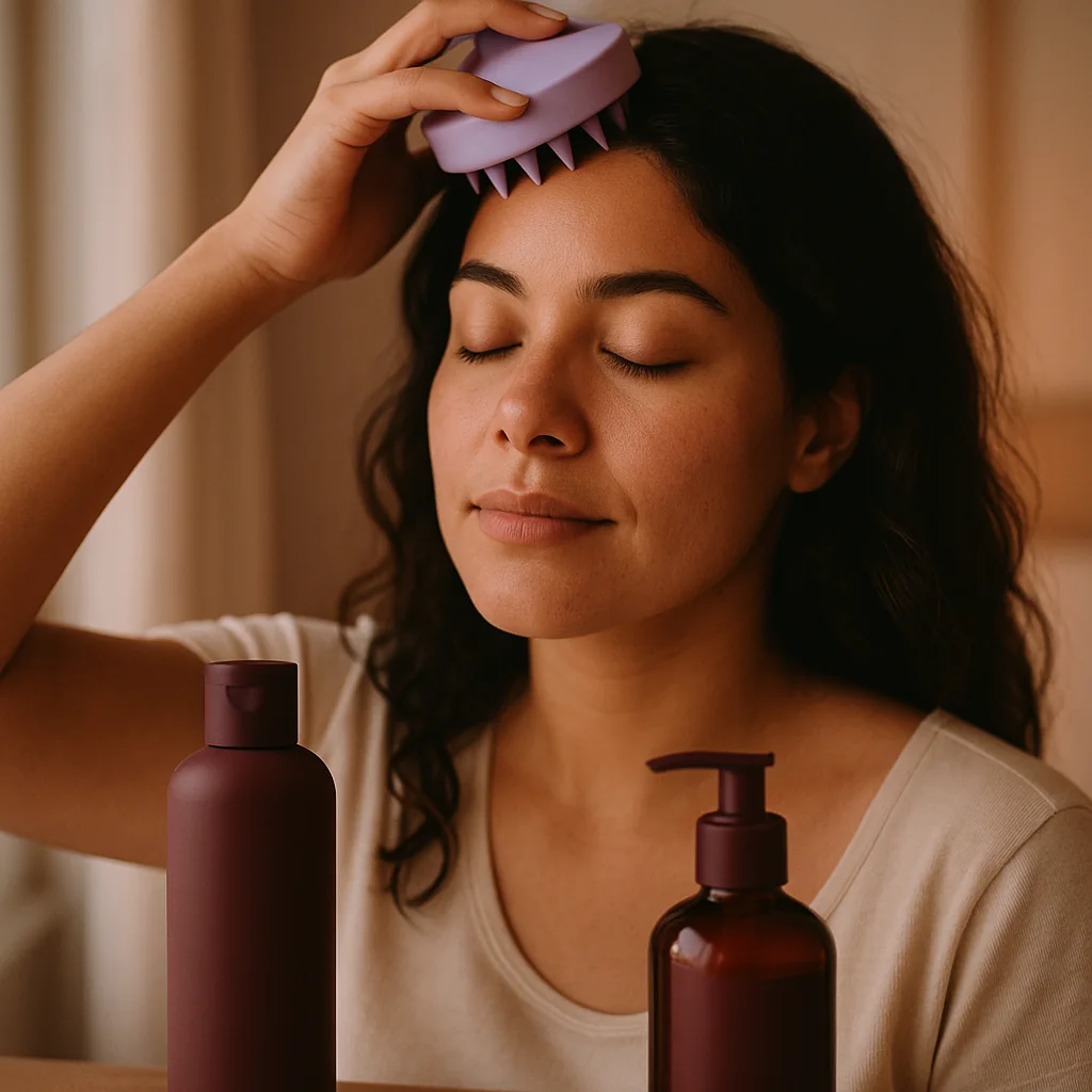 Cliente usando o Massageador Capilar no couro cabeludo
