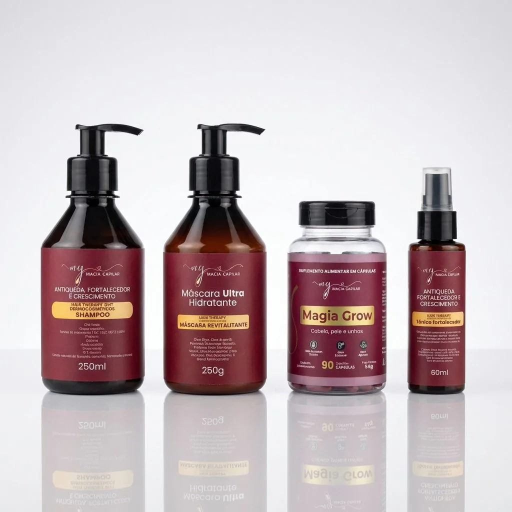 Os quatro frascos da linha Magia Capilar: shampoo, máscara, vitamina e tônico